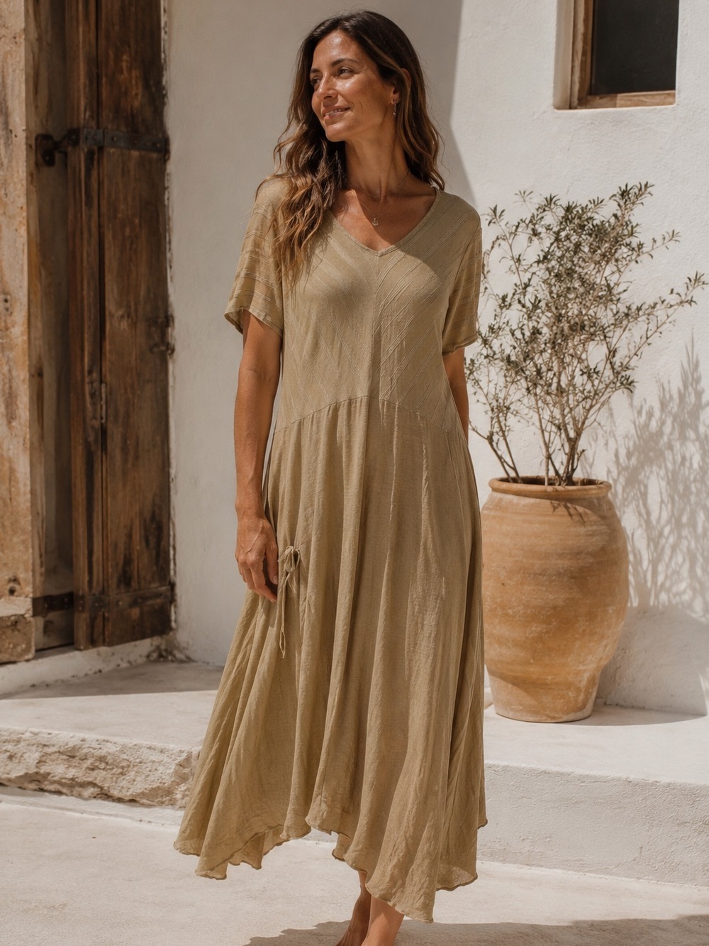 Fenini USA V Neck Relaxed Maxi Dress Size M Cotton Blend Boho Lagenlook Casual